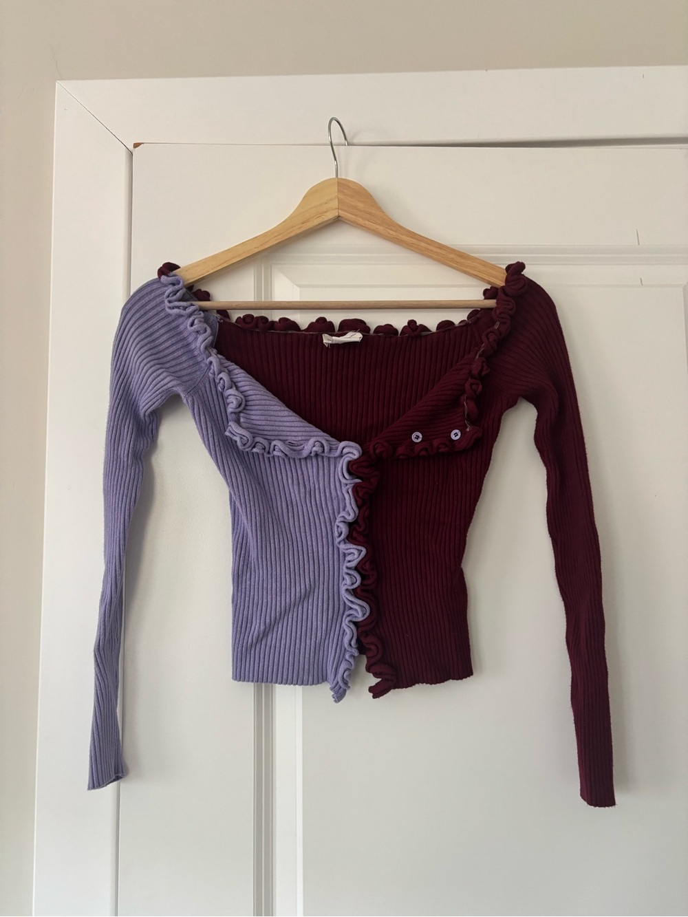 Free People Two-Tone Ruffle Ribbed Off-Shoulder Sweater in Lavender & Burgundy